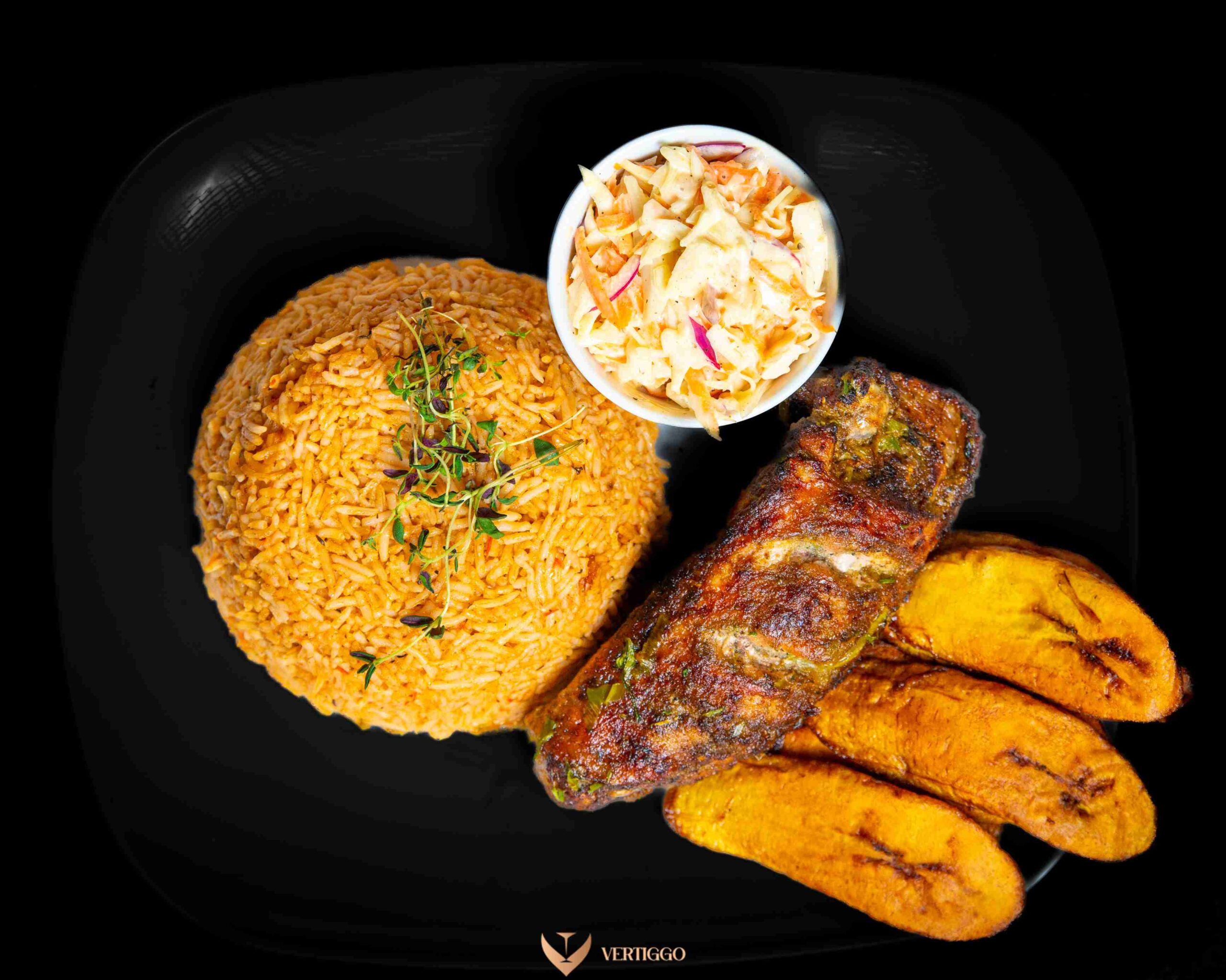 Jollof rice, plantain, turkey or fish